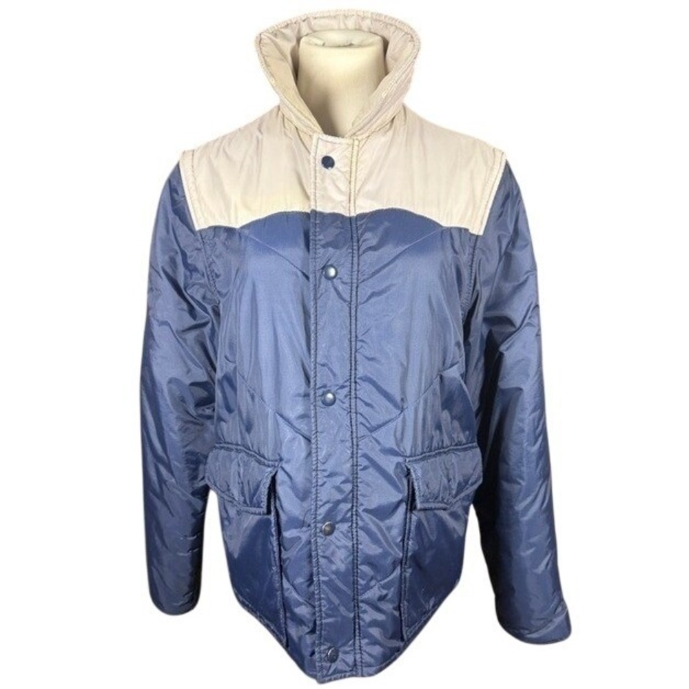 Montgomery Ward Vintage Blue Cream Quilted Puffer Jacket Women M 39-41 Korea 70s